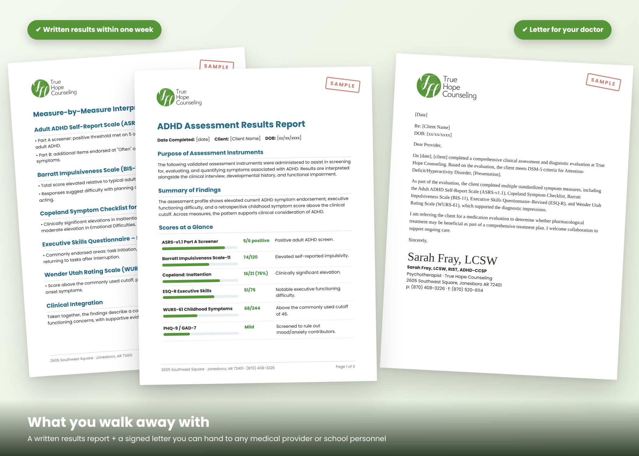 Sample ADHD assessment results report and signed letter for medical providers or school personnel from True Hope Counseling (sample only)